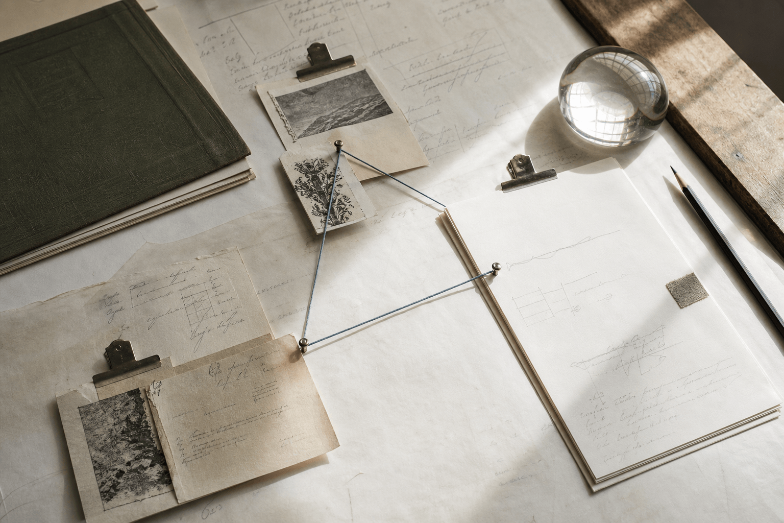 Ein editoriales Archiv verbundener Notizen, Zeichnungen und Materialreferenzen.