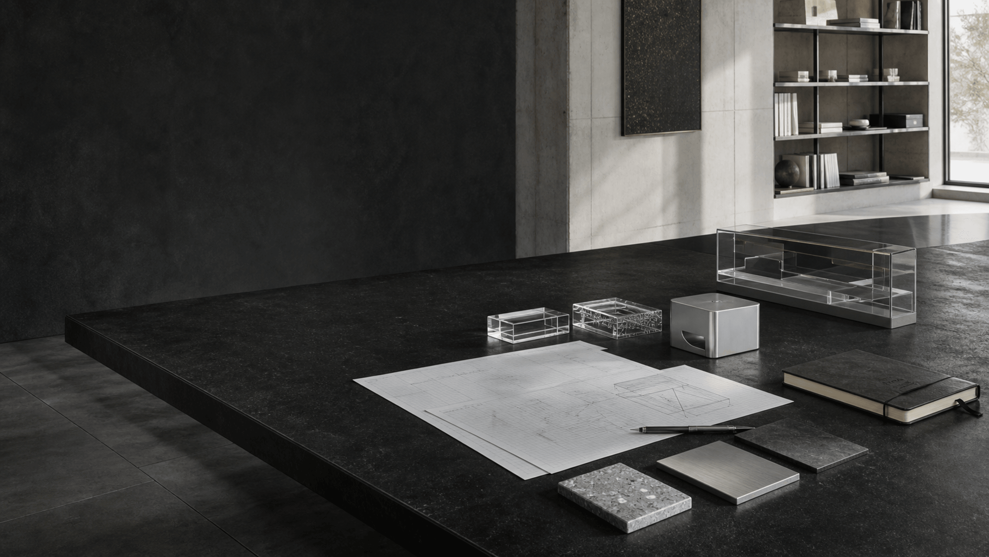 Ein dunkles Materialstudio mit Architekturzeichnungen und präzisen Prototypen.