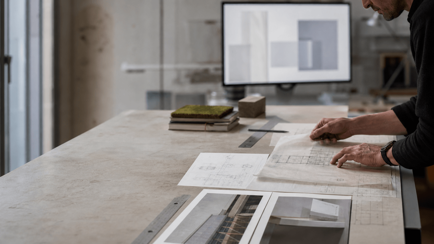 Eine Fachperson prüft Pläne und Materialstudien in einer ruhigen Werkstatt.
