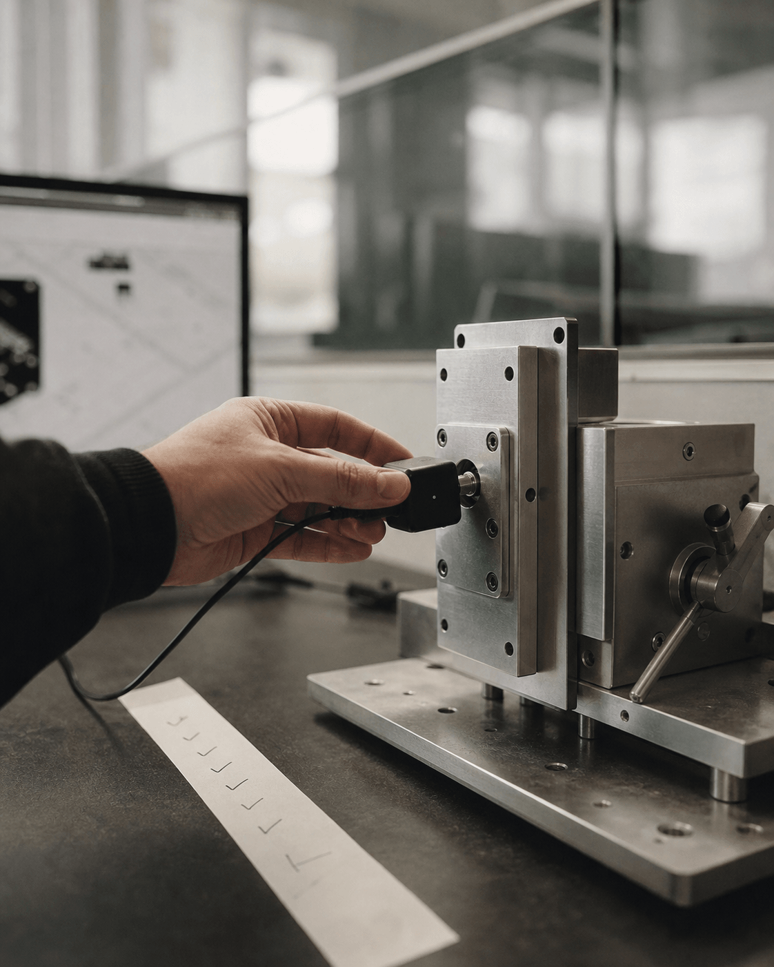 Ein Techniker prüft ein präzise gefertigtes Bauteil mit einem vernetzten Messgerät